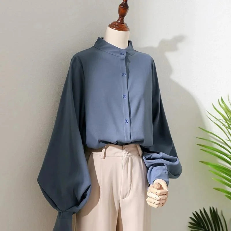 Vireous Lantern-Sleeve Stand Collar Businesswear Blouse, Spring and Autumn Style