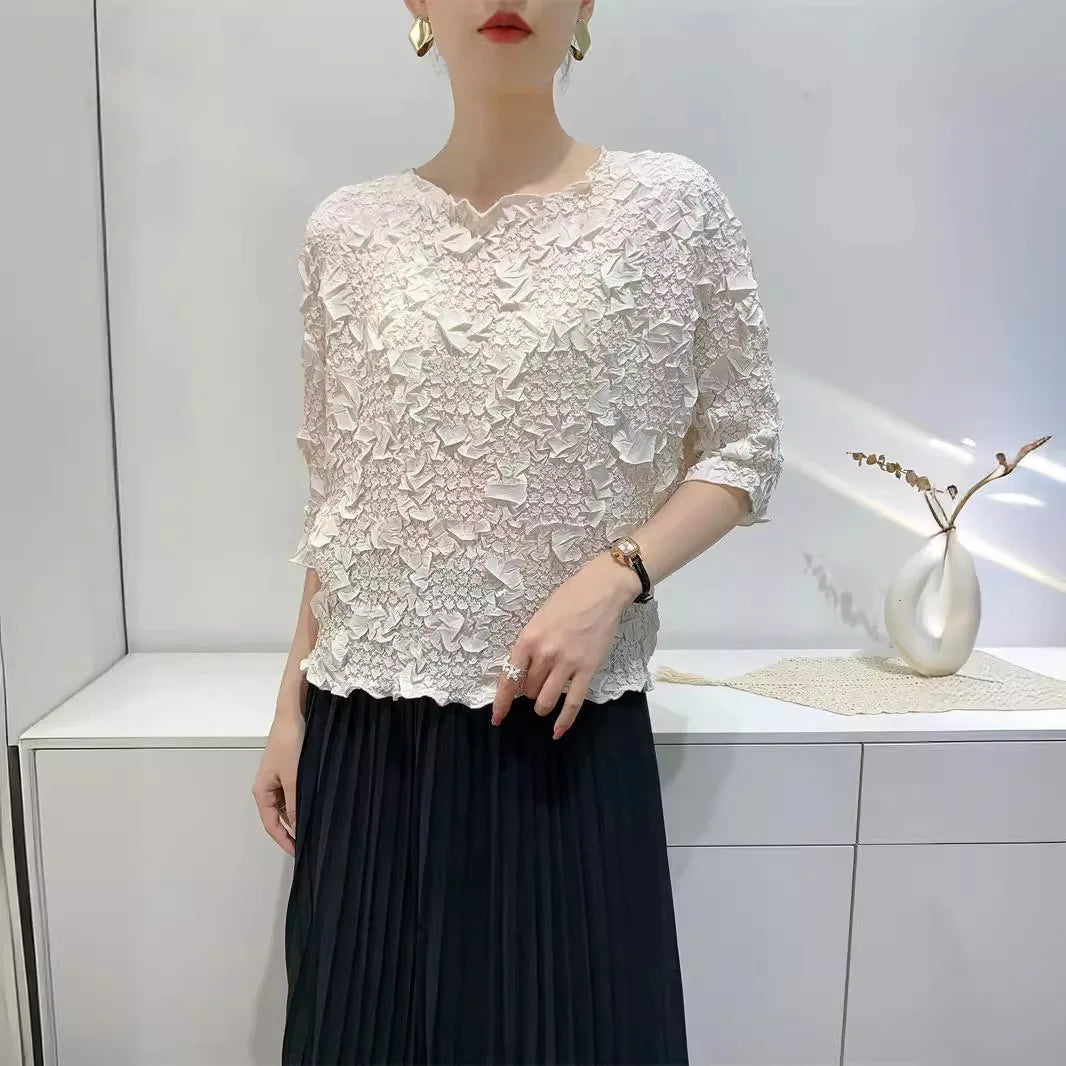 Miyake Embroidered Hand-Pleated Women's Round-Neck Top