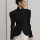 Women's Retro Elegant Black Blazer, Gorgeous Structured Tailoring with Mandarin Collar