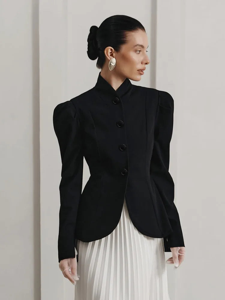 Women's Retro Elegant Black Blazer, Gorgeous Structured Tailoring with Mandarin Collar