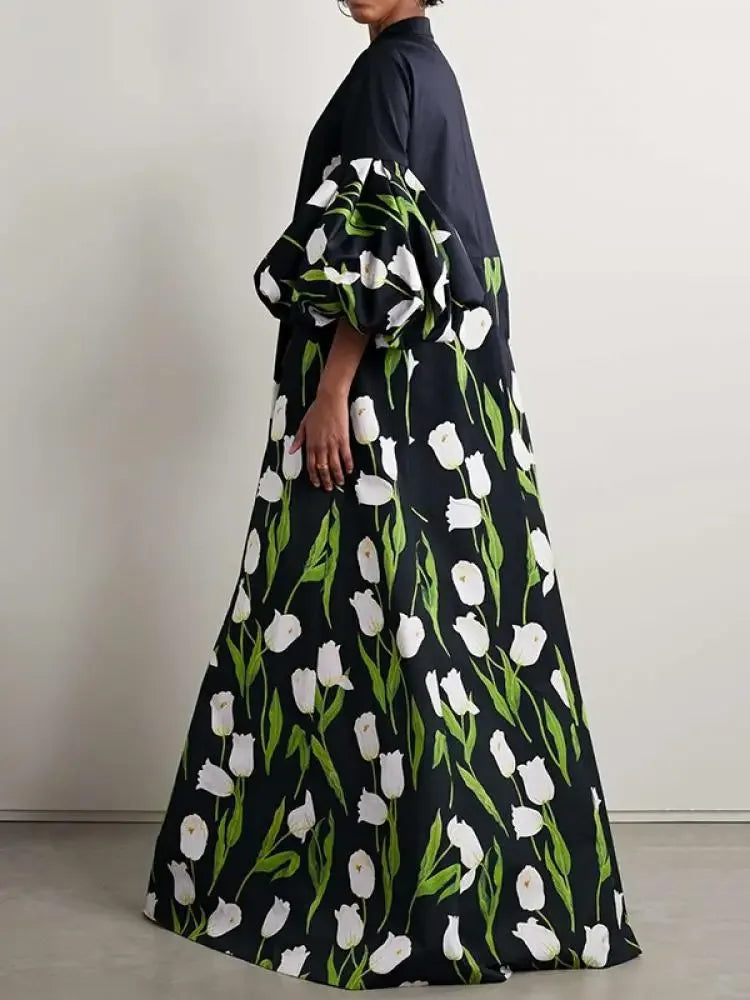 Uoozee Floral Printed Floor-Length Dress, Puff Sleeves