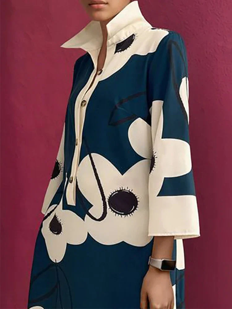 Abstract Floral Print Elegant High-Collar Mini Dress