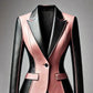 Women's Faux Leather Blazer Pink and Black Colourblock Notched Lapel Jacket, Plus Sizes