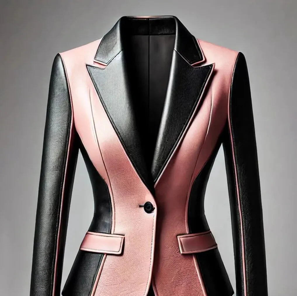 Women's Faux Leather Blazer Pink and Black Colourblock Notched Lapel Jacket, Plus Sizes