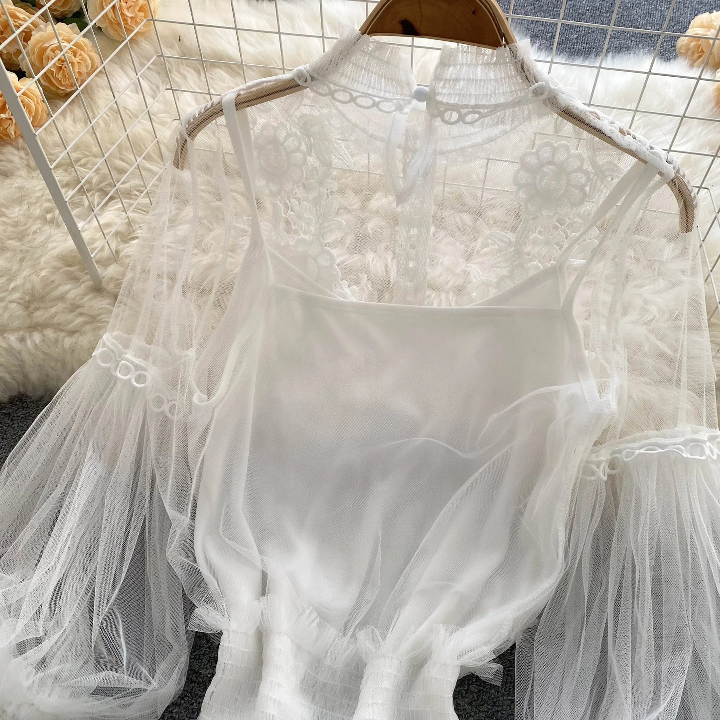 Lace See-Through Puff-Sleeve Vintage Fashion Blouse