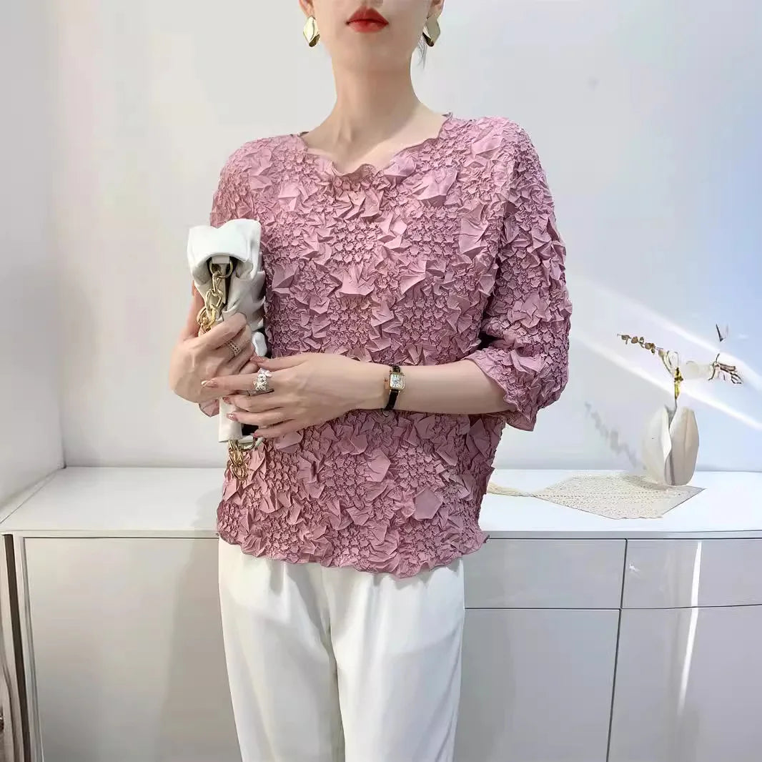 Miyake Embroidered Hand-Pleated Women's Round-Neck Top