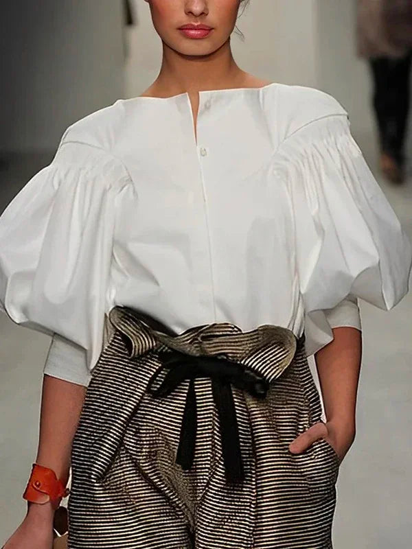 Avant Garde Women's Buttoned Dress Shirt, Round Neck Puff Sleeves