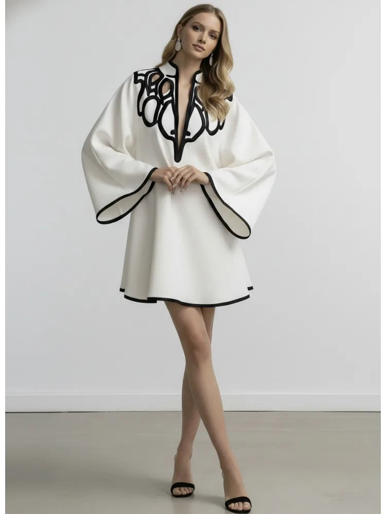 Avant Garde Black and White Contrast Bell-Sleeve Loose Fit Mini Dress