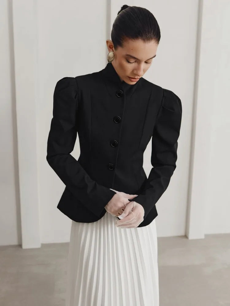 Women's Retro Elegant Black Blazer, Gorgeous Structured Tailoring with Mandarin Collar