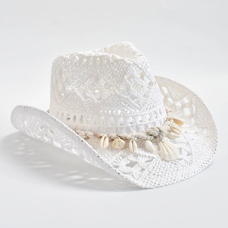 Women's Summer Hand Woven Straw Hat with Natural Shell Decoration