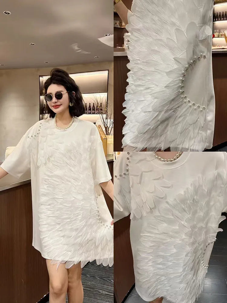 Loose Summer Glam Feather Short-Sleeve Women's Short Dress