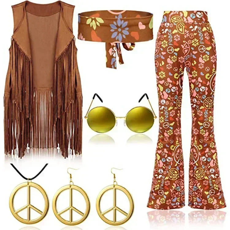 Complete Outfit, Hippie Disco 60s 70s Cosplay Costume in Floral Pink or Brown