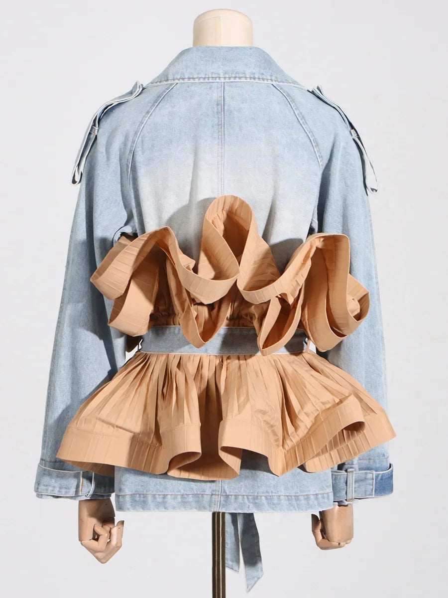Women's Comfort Stone-Washed Denim Jacket with Bold Ruffles, Catwalk Collection