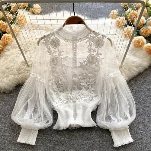 Lace See-Through Puff-Sleeve Vintage Fashion Blouse