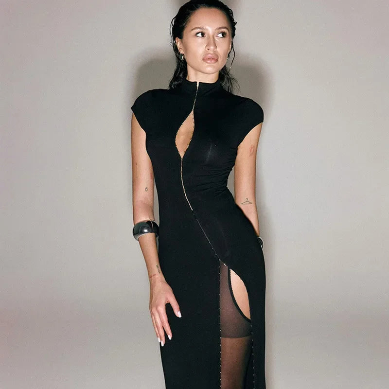 Vireous Off-Shoulder Slit Long Evening Dress in Black