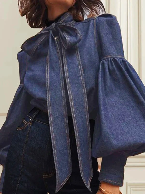 Vireous Women's Princess Sleeves High-Neck Bow Tie Denim-Look Blouse