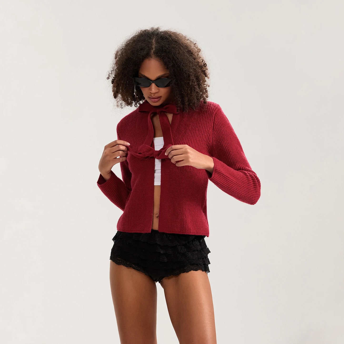 Bow Tied Front Knitted Women's Cardigan, Multi Colours