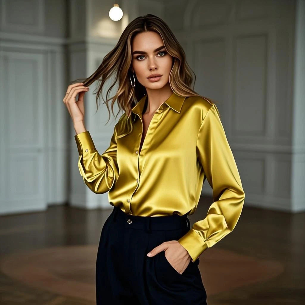Vireous Luxury Soft Satin Women's Classic Shirt, Block Colours