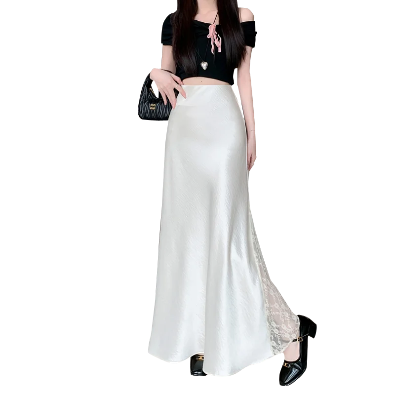 Vireous Satin Women's Long Skirt, Side Lace Patchwork