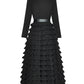 Vireous Black Suit-Collar Tiered Maxi Dress, Winter Catwalk Collection