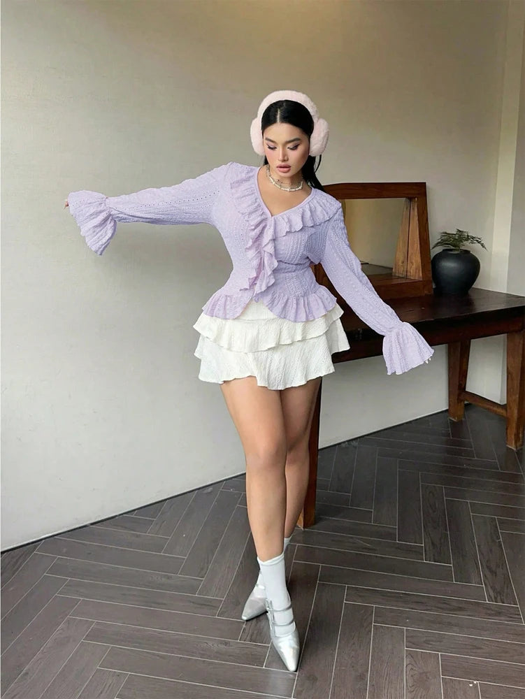 Vireous Elegant French Ruffle Flared-Sleeve Blouse, Plus Sizes