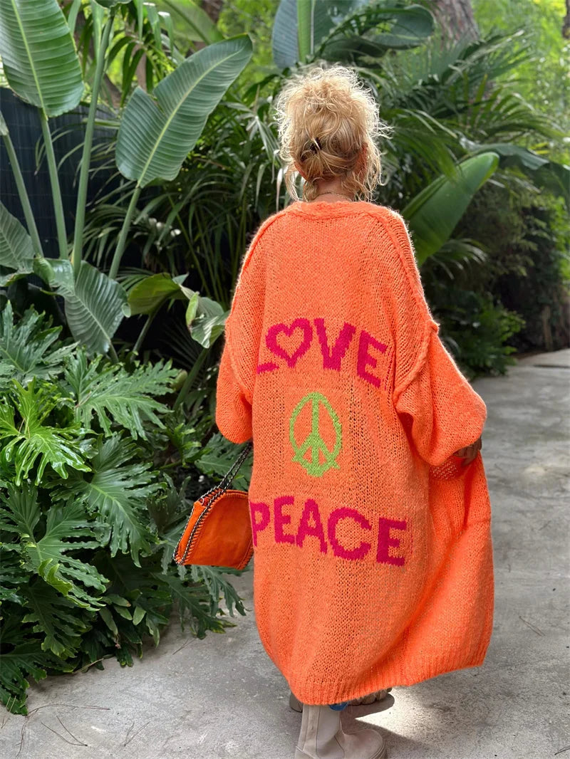 'Love and Peace' Design Women's Long Knitted Cardigan, Sweater Coat