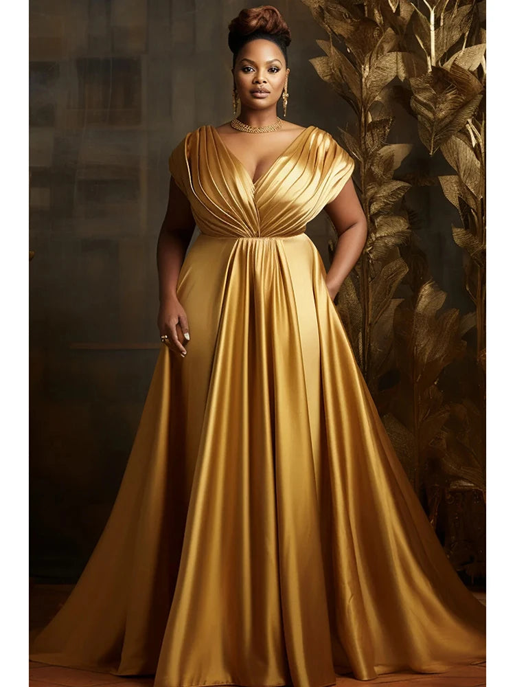 Plus-Size Formal Evening Gold Satin Dress, Elegant Tiered Bodice