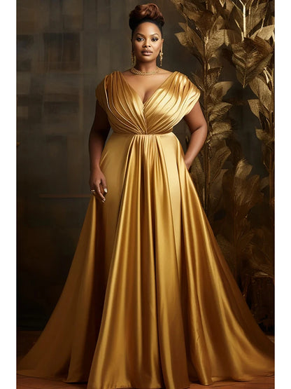 Plus-Size Formal Evening Gold Satin Dress, Elegant Tiered Bodice