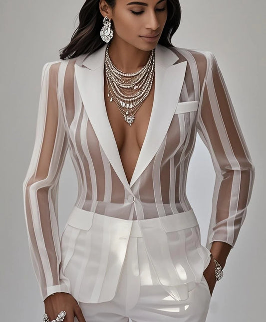 Vireous Women's White Sheer Stripe Fashion Summer Blazer, Plus Sizes