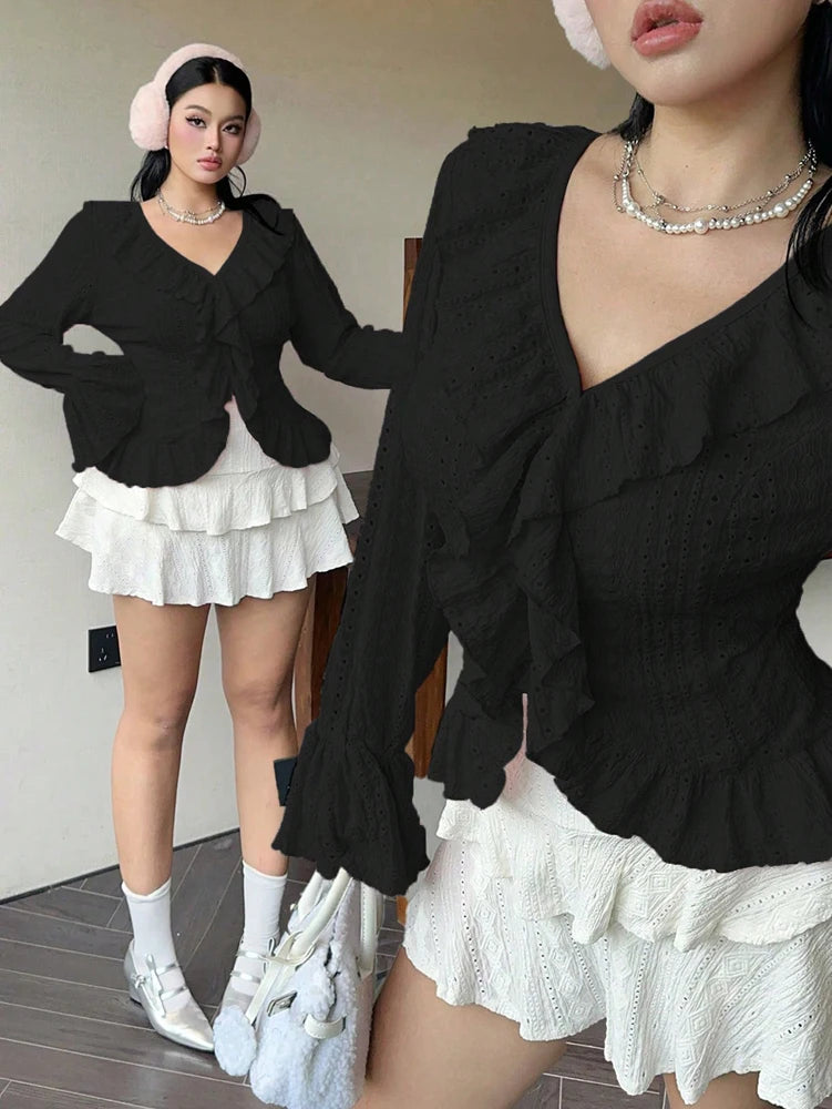 Vireous Elegant French Ruffle Flared-Sleeve Blouse, Plus Sizes