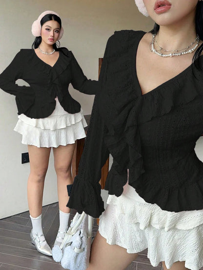 Vireous Elegant French Ruffle Flared-Sleeve Blouse, Plus Sizes