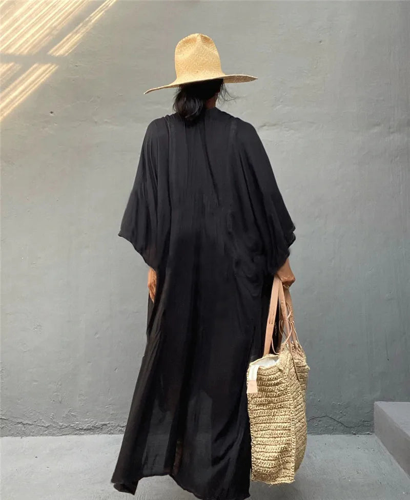 Loose Beach Kimono Cardigan Swimsuit Cover Up with Embroidery