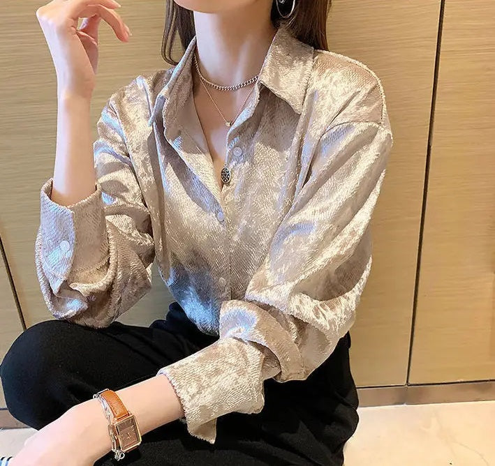 Vireous Women's Shiny Stretch Shirt, Spring and Autumn Collection