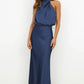 Vireous Summer Silk Satin Sleeveless Long Dress, Draped Bodice