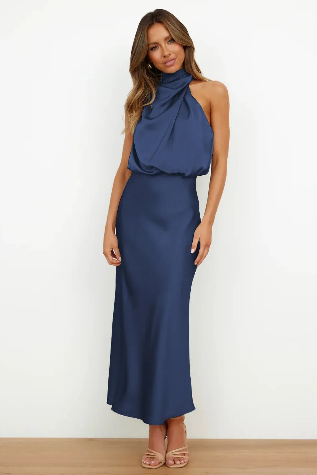 Vireous Summer Silk Satin Sleeveless Long Dress, Draped Bodice