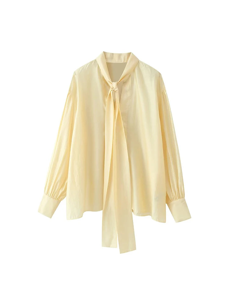 Women's Bow-Tie Drapey Casual Fashion Shirt, Long-Sleeve Blouse