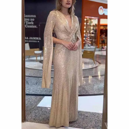 Elegant Sequin Evening Dress, V-Neck Cloak Sleeves