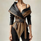 Vireous Women's Faux Leather Fashion Jacket, Irregular Off-Shoulder in Black & Brown