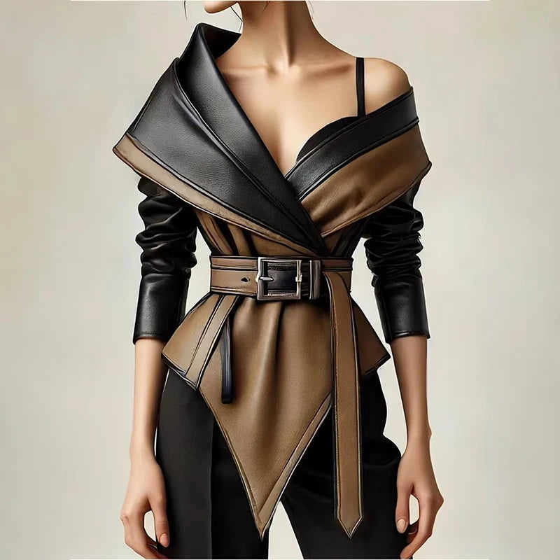 Vireous Women's Faux Leather Fashion Jacket, Irregular Off-Shoulder in Black & Brown