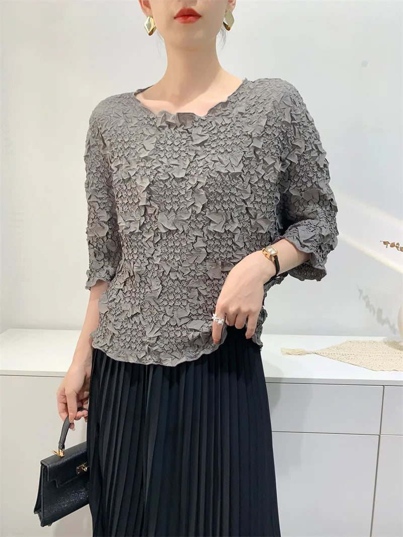 Miyake Embroidered Hand-Pleated Women's Round-Neck Top