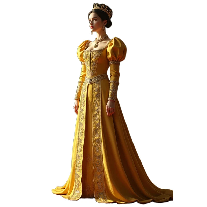 'Medieval Queen' Gold Prom Dress, Embroidered Evening Gown