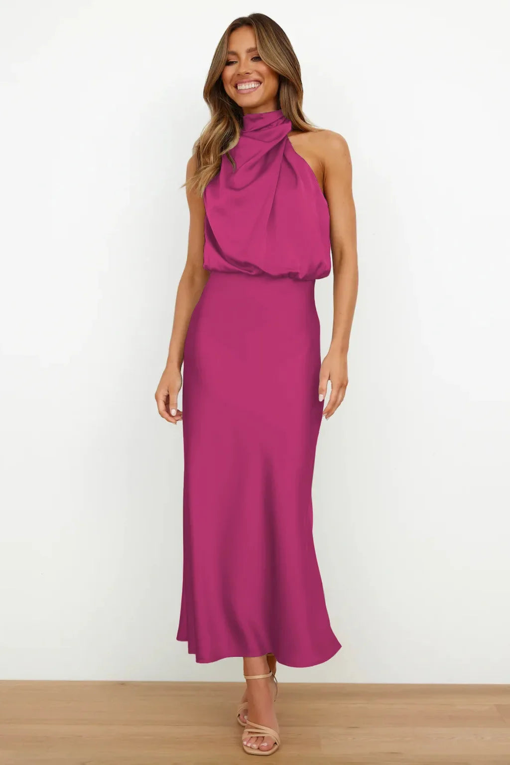 Vireous Summer Silk Satin Sleeveless Long Dress, Draped Bodice