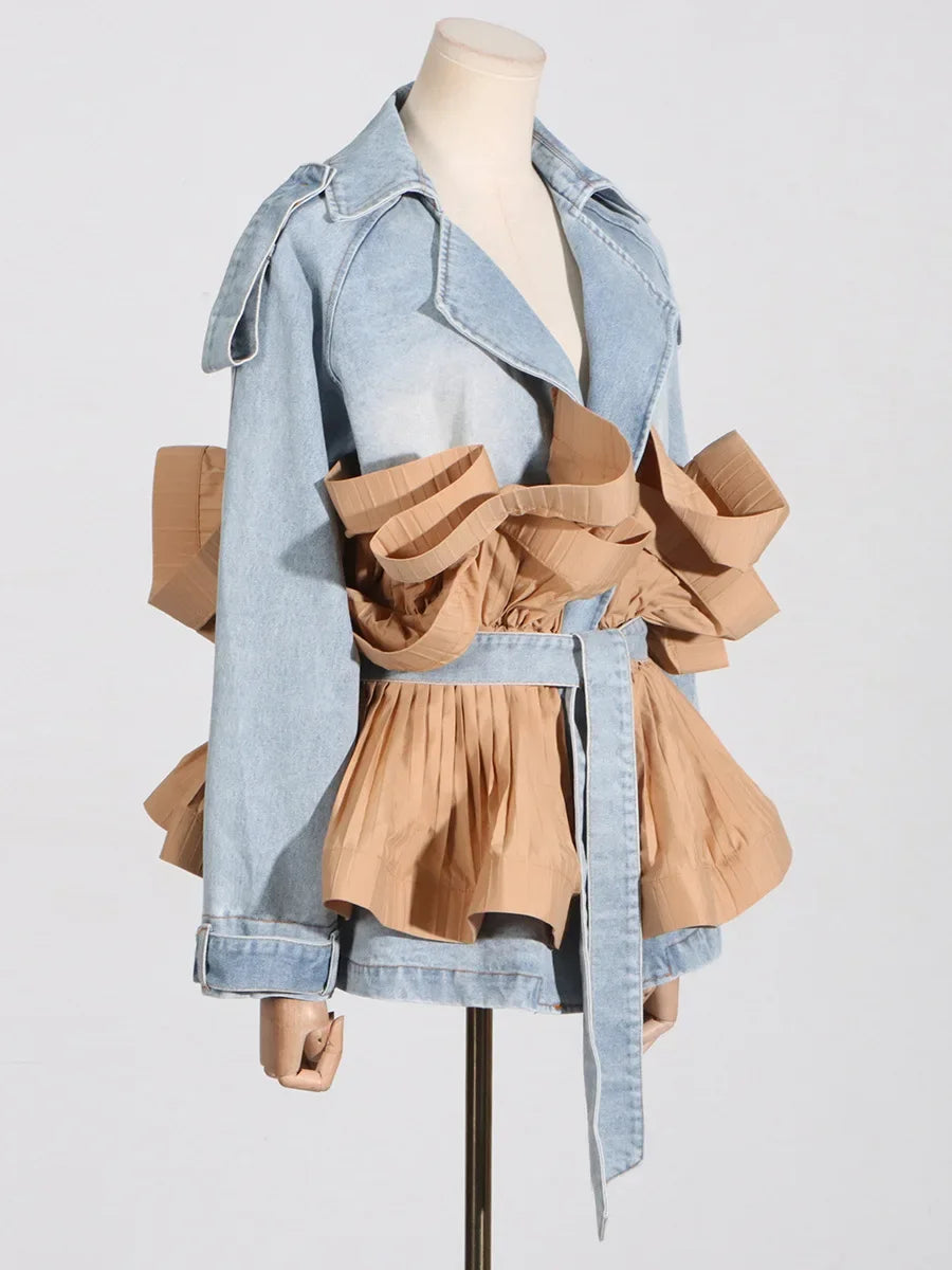 Women's Comfort Stone-Washed Denim Jacket with Bold Ruffles, Catwalk Collection