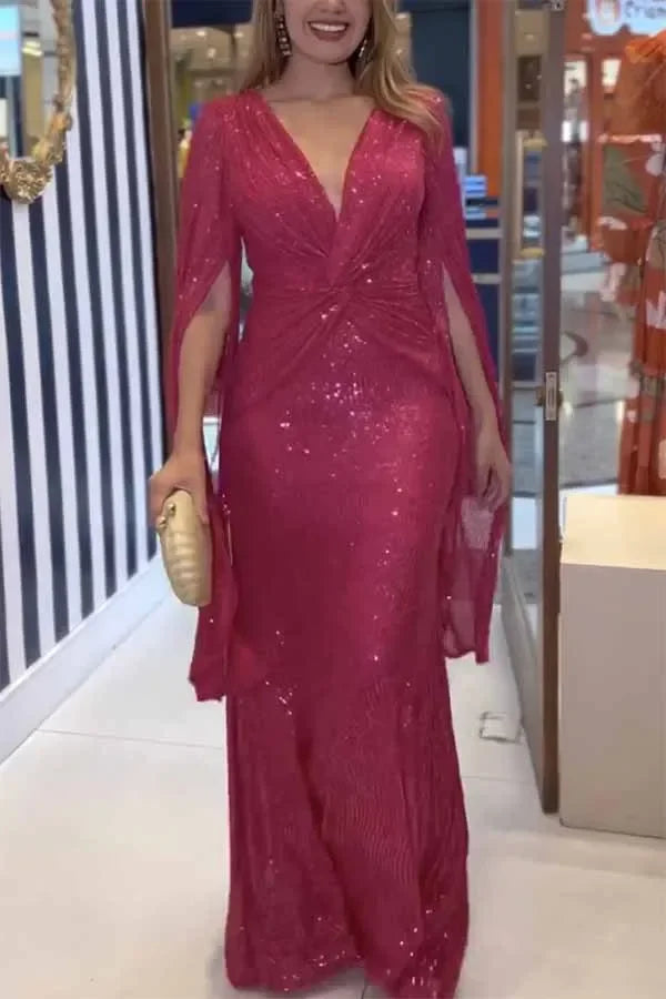 Elegant Sequin Evening Dress, V-Neck Cloak Sleeves