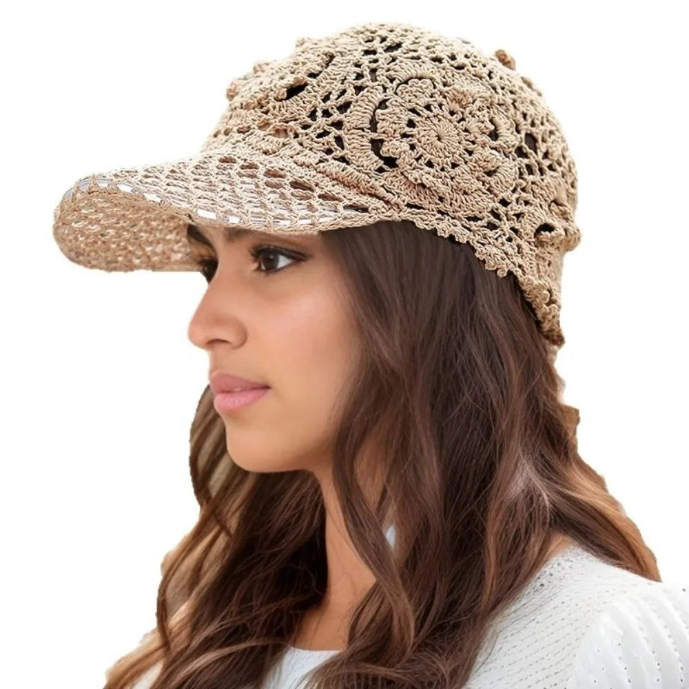 Women's Crochet Summer Peaked Cap, Floral Pattern, Casual Wear