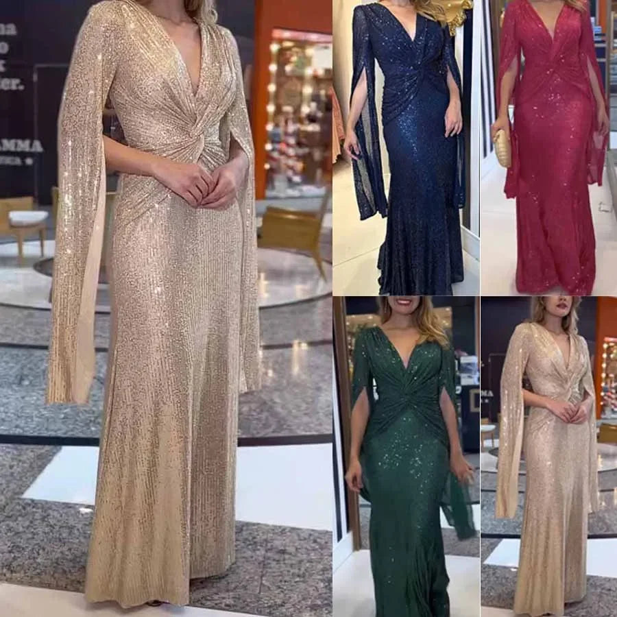 Elegant Sequin Evening Dress, V-Neck Cloak Sleeves