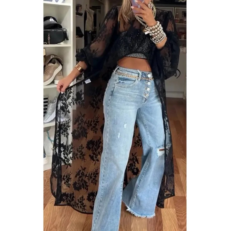 Vireous Lace Floral Extra-Long Shirt Top, High Neck Overwear