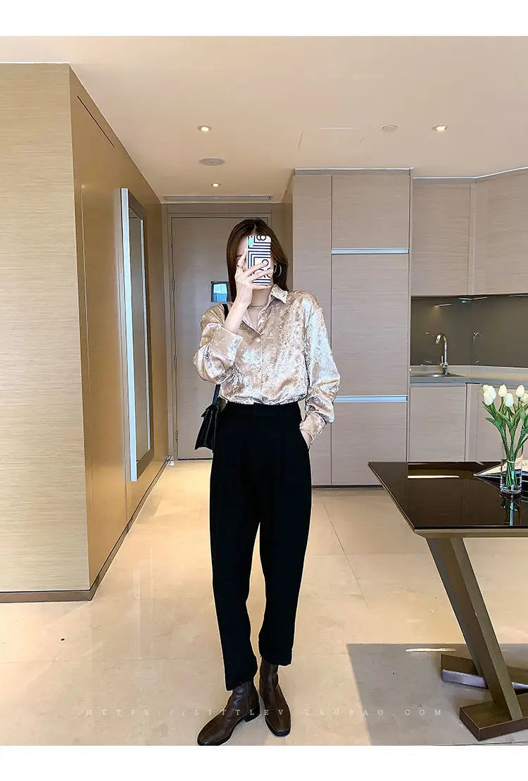 Vireous Women's Shiny Stretch Shirt, Spring and Autumn Collection