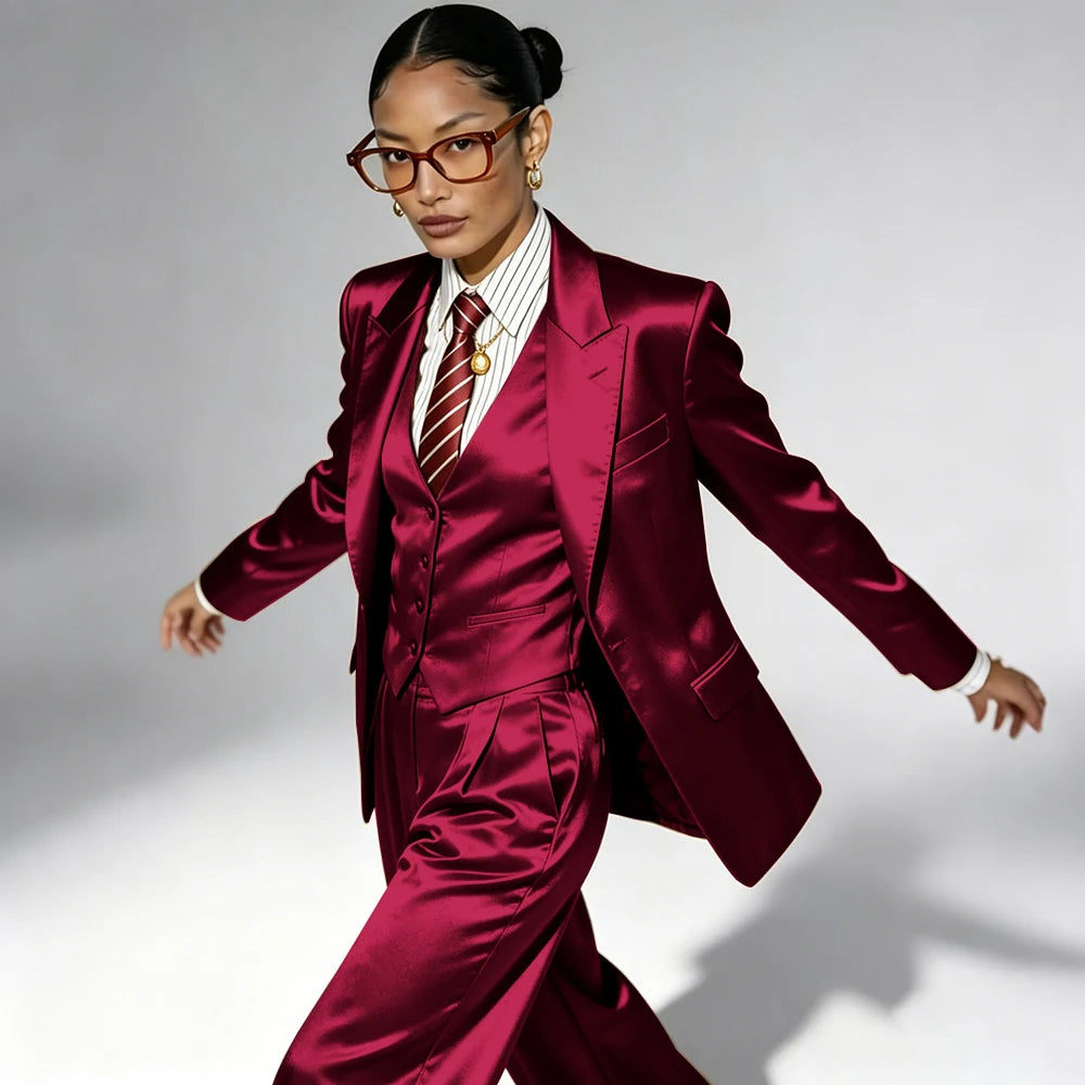 Professional Performance Wear Women's Tuxedo, Gold Satin Three-Piece Suit, Night Wear