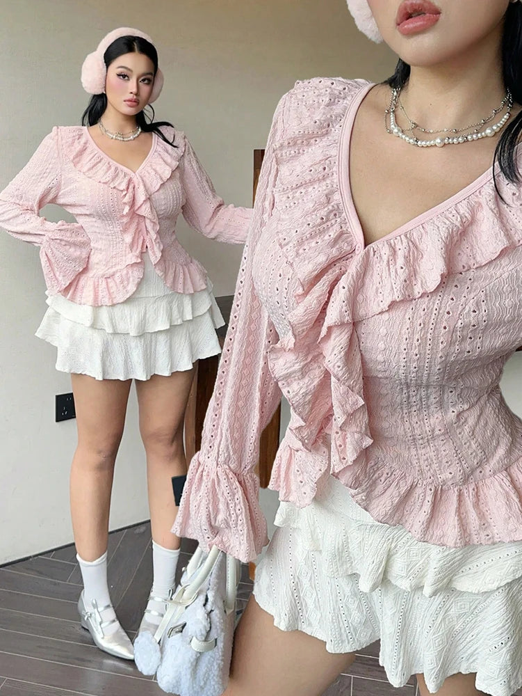 Vireous Elegant French Ruffle Flared-Sleeve Blouse, Plus Sizes